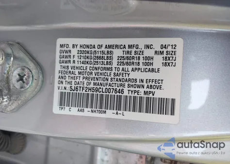 2012 Honda Crosstour Ex-L from USA, damaged, VIN 5J6TF2H59CL007646